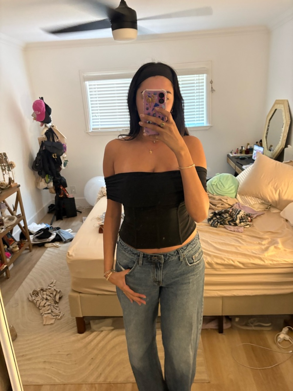 Miaou Black Off-Shoulder Corset Crop Top